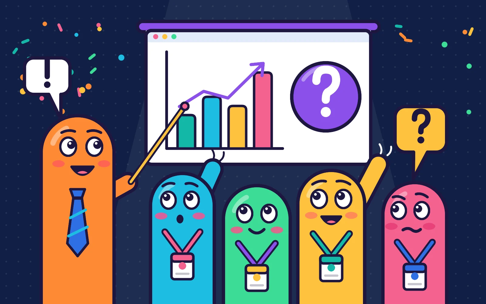 Cartoon presenter in a tie points at a bar chart while coworkers with lanyards raise their hands