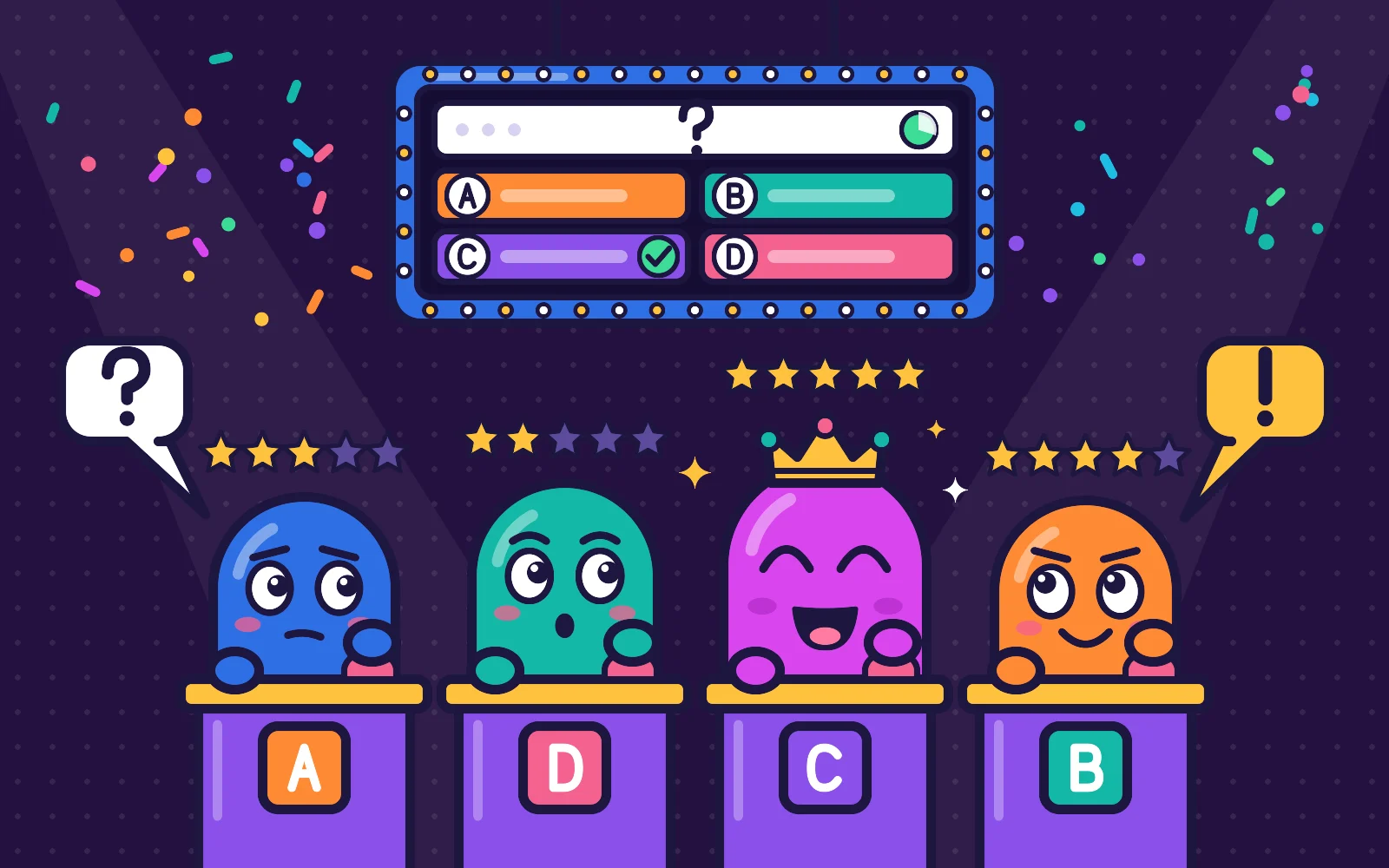 Quiz show stage with an A to D answer screen, four contestants at podiums and the winner crowned